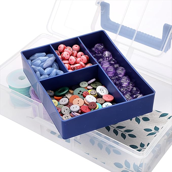 JUXYES Plastic Carry Storage Box with Removable Dividers, Clear Art Craft Supply Storage Bin Sewing Box with Handle Lid, 2 Layers Stationery Storage Case for School/Office Supplies