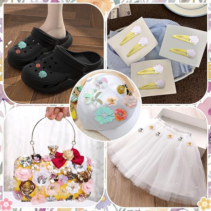 35Pcs Sequin Flower Patches Plastic Mixed Color Sequin Beaded Flower Patches Rhinestone Pearl Mix Applique Sew on Cloth Applique DIY Garment Accessory Cloth Headband Decor