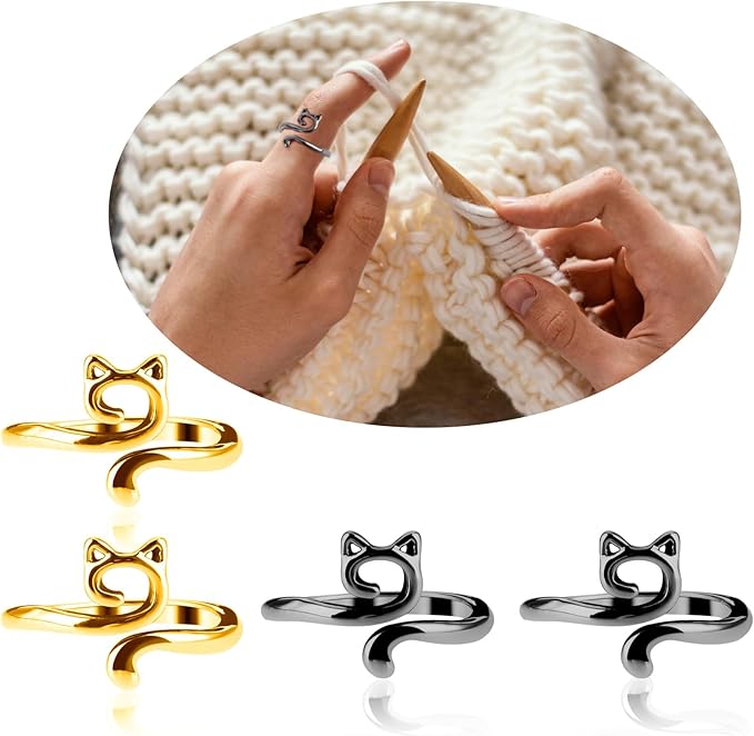 YUXIANLB 4pcs Adjustable Crochet Tension Ring for Finger, Cat Shape Metal Open Guide Tension Ring for Crocheting, Crochet Loop Rings Braided Faster Knitting Thimbles Supplies for Women (2Black, 2Gold)