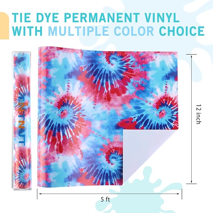 Tintnut Tie Dye Permanent Vinyl Roll - 12 inch x 5ft, Seamless Blue Red Adhesive Vinyl, Interesting Swirl Pattern Self Sticker Water Proofing for Home Decor