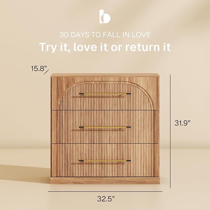 BELLEZE Set of 3 Fluted Modular Sideboard Cabinet, Classic Modern Buffet Cabinet with 3 Drawers, Accent Credenza Storage Cabinet for Dining Room Living Room Entryway (Camel)