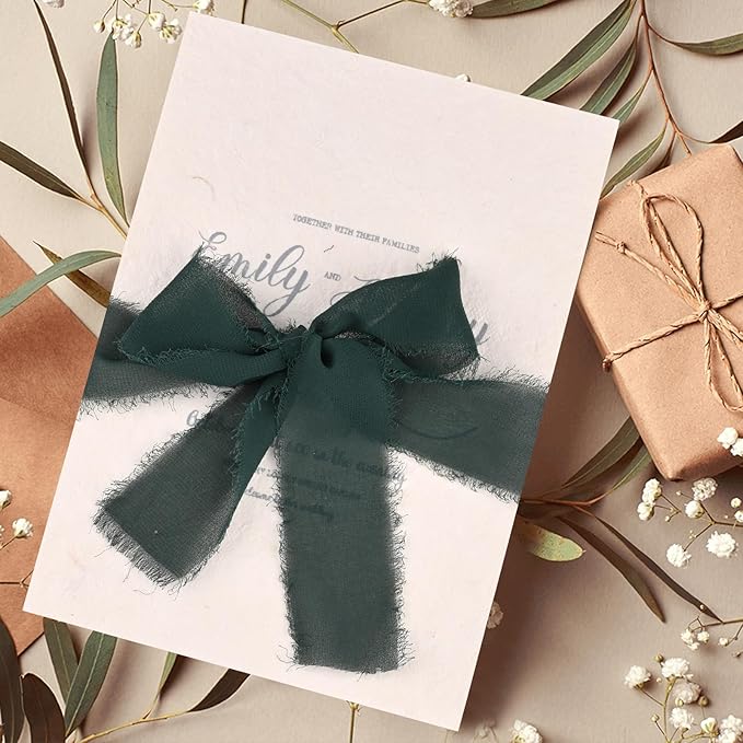 3 Rolls Dark Green Handmade Fringe Chiffon Ribbon 1.5" x 7Yd Silk-Like Colorful Rustic Ribbon for Bouquets Wrapping Decor Wedding Tie Invitations Crafts