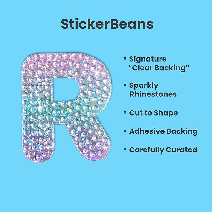 StickerBeans® Rhinestone Alphabet Letter Sticker R - Unique Sparkly Design 2” x 2” Cut-to-Shape Adhesive - Personalization, Collecting, Gifting, Scrapbooking, Decorating Laptops, Phone Cases, All Ages