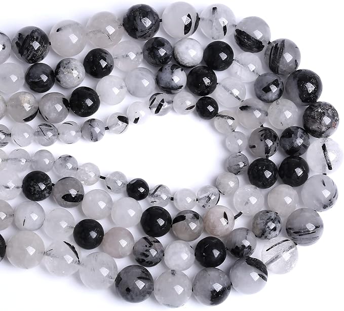 8MM 45PCS Natural Crystal Stone Black Rutile Quartz Gemstone 2A Grade Loose Beads for Jewelry Making DIY Bracelet Necklace Semi Precious Beads 1 Strand
