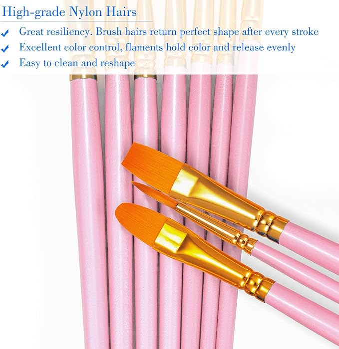 BOSOBO Paint Brushes Set, 10 Pack 100 Pcs Round Pointed Tip Paintbrushes Nylon Hair Artist Acrylic Paint Brushes for Acrylic Oil Watercolor, Face Nail Art, Miniature Detailing & Rock Painting, Pink