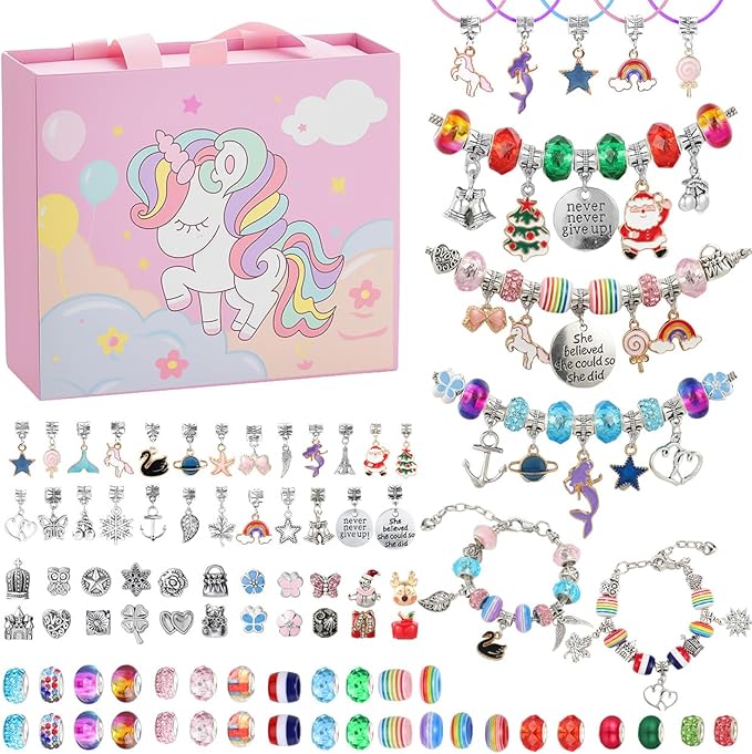 Emibele Charm Bracelet Making Kit, Christmas Jewelry Making Kit for Girls Age 8-12, Unicorn/Mermaid DIY Bracelets Crafts Kit for 5 6 7 Girl Holiday Gifts Idea on Xmas Birthday Valentines