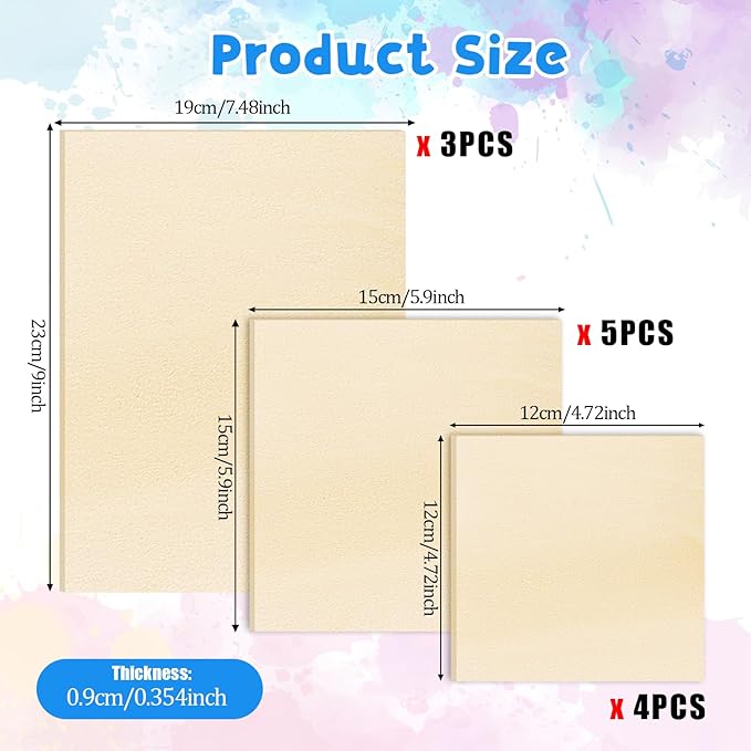 12 Pack Wood Canvas Boards Unfinished Square Wood Panels Paint Pouring Panels for Pouring Art, Crafts, Painting, and Decor, 9x7.5Inch/6x6Inch/4.7x4.7Inch