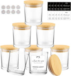 CONNOO 8 Pack 14 OZ Clear Glass Candle Jars with Bamboo Lids for Making Candles, Large Size Empty Candle Tins with Sticky Labels - Leakproof & Dishwasher Safe.