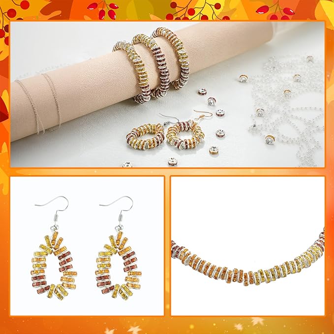 Ferreve 600 Pcs Fall Spacer Beads for Jewelry Making 8mm Yellow Brown Orange Rhinestone Crystal Spacer Beads for Beaded Pens DIY Thanksgiving Autumn Harvest Holiday Bracelet Necklace Gifts Crafts
