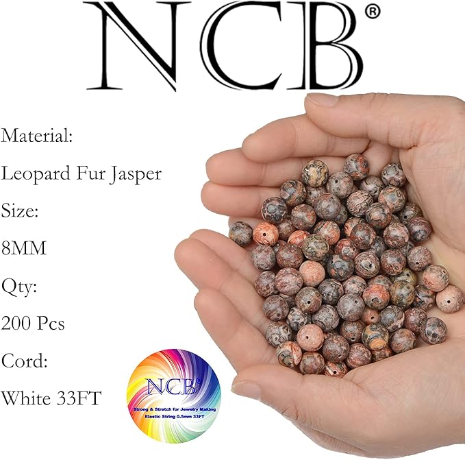 NCB 200PCS 8mm Natura Red Leopard Fur Jasper Gemstone Round Spacer Loose Beads for Jewelry Making with Crystal Stretch Cord (Red Leopard Fur Jasper, 8mm 200Beads)