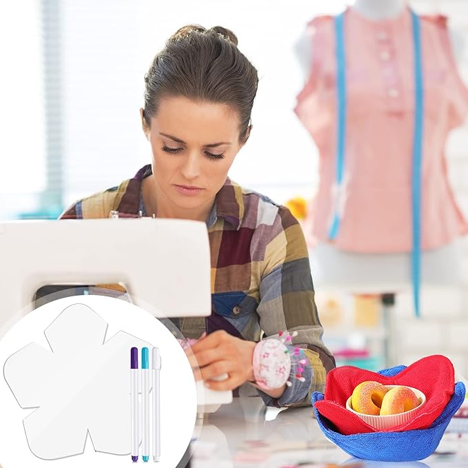 Flutesan 3 Pcs Bowl Cozy Pattern Template 8/10/12 Inch Clear Acrylic Bowl Wrap Sewing Pattern Template with 3 Pieces Water Soluble Pen Batting Quilting Cut on Fold Stencil(Bloom Edge)