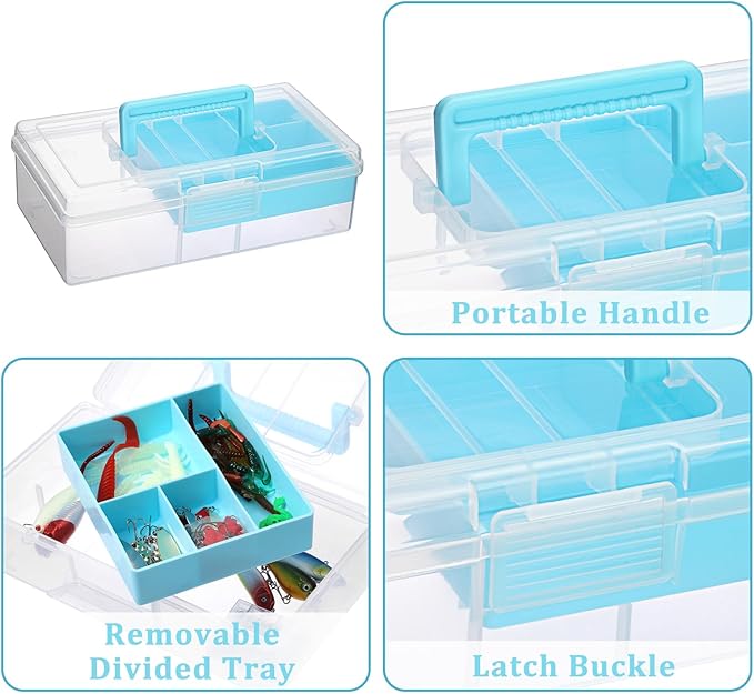 JUXYES 2 Pack Plastic Carry Storage Box with Removable Dividers, Clear Art Craft Supply Storage Bin Sewing Box with Handle Lid, 2 Layers Stationery Storage Case for School/Office Supplies Light Blue
