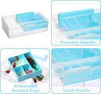 JUXYES 2 Pack Plastic Carry Storage Box with Removable Dividers, Clear Art Craft Supply Storage Bin Sewing Box with Handle Lid, 2 Layers Stationery Storage Case for School/Office Supplies Light Blue