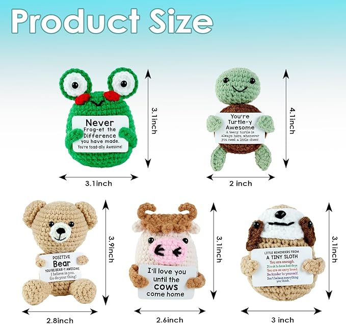 Easter Basket Stuffers for Teens Kids Boys Girls Adults Gifts, Funny Positive Crochet Animals Emotional Cheer Up Support Turtle Sloth Frog Moo Bear Flamingo,Gifts for Easter Decorations