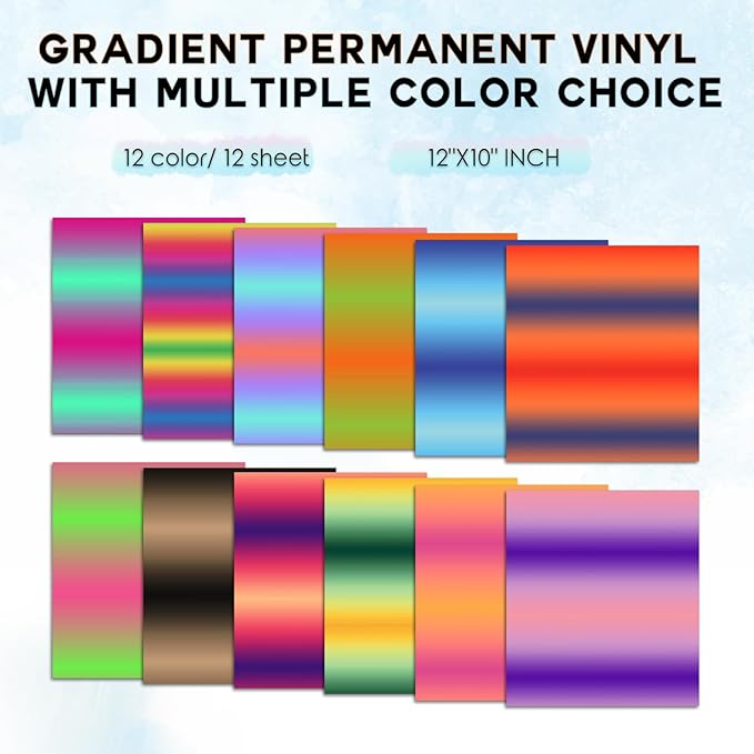 Tintnut Gradient Permanent Vinyl, Ombre Rainbow Pattern Adhesive Vinyl - 12 Sheets 12"x10", Sunset Permanent Adhesive Sheets for Cutting Machine,Home Decor Self Sticker