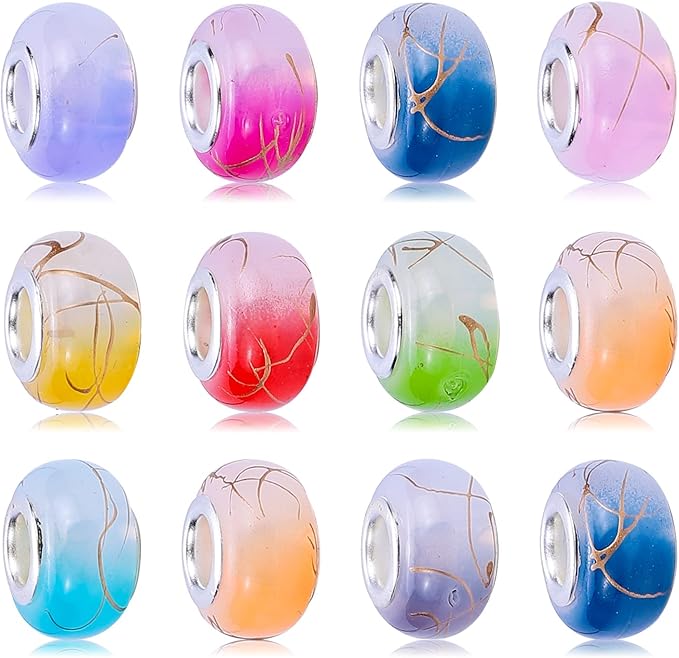 100 Pieces 14mm European Large Hole Spacer Beads Mix Color with Silver Brass Cores Assortments Charm Lampwork Beads Supplies for Necklace Bracelets Jewelry Making (Ｇolden Wire Jelly)