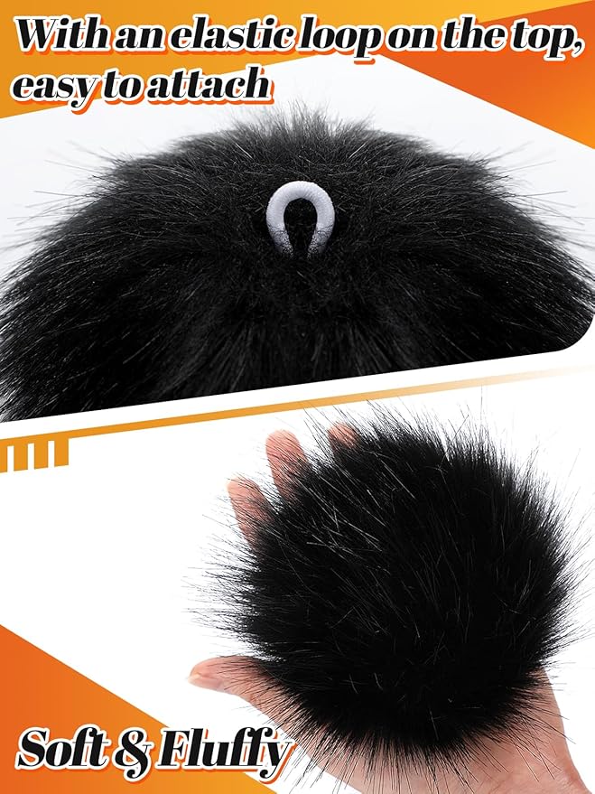 5in Large Black Fluffy Pom Poms Crochet Accessories - 10pcs Faux Fur Pompom Balls Knitting Accessories for Hats, Beanies, Shoes, Scarves, Gloves, Bags, Keychains Charms