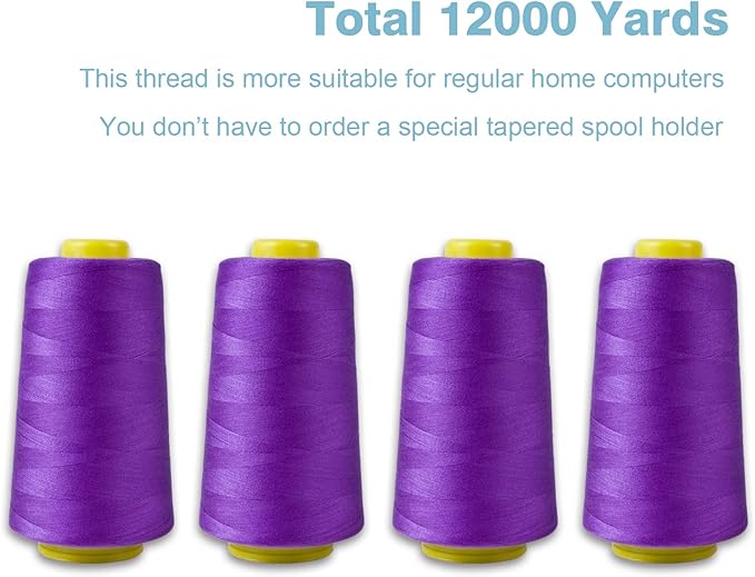 Purple Serger Thread All-Purpose for Sewing, Polyester, 4 Cones of 3000 Yards Each Spool Thread for Sewing Machine