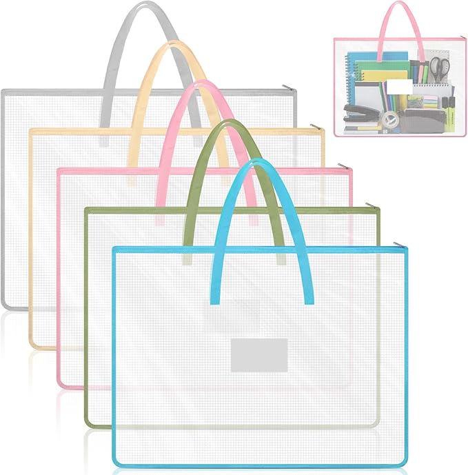 5 Pcs Boho Art Portfolio Bags 19 x 25 Inch Transparent Artwork Storage Case with Handle and Zipper Mesh Folder Organizers for Bulletin Boards Paintings Scrapbooks Posters, 5 Colors