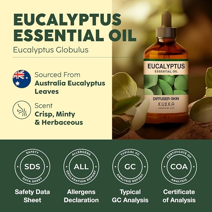 KUKKA Eucalyptus Essential Oils - 4 Fl Oz - for Hair, Skin, Diffuser, Aromatherapy & DIY Soap Making Scent