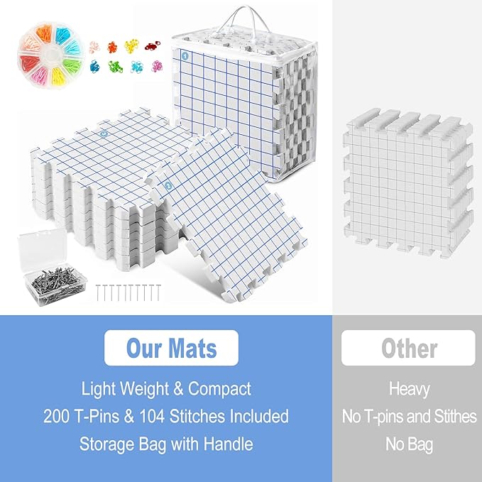MEVOME Blocking Mats for Knitting 200 T-pins 100 Locking Stitch Markers, Extra Thick Block Boards Crochet Projects Grid Lines Needlepoint Knit Crocheting, 9 Foam Interlocking Mat Storage Bag (White)