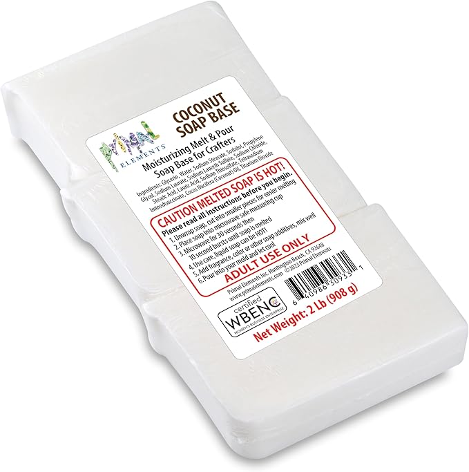 Primal Elements Coconut Oil Soap Base - Moisturizing Melt and Pour Glycerin Soap Base for Crafting and Soap Making, Easy to Cut - 2 Pound