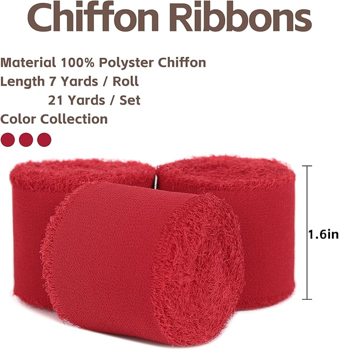 3 Rolls Red Handmade Fringe Chiffon Ribbon 1.5" x 7Yd Silk-Like Colorful Rustic Ribbon for Bouquets Wrapping Decor Wedding Tie Invitations Crafts