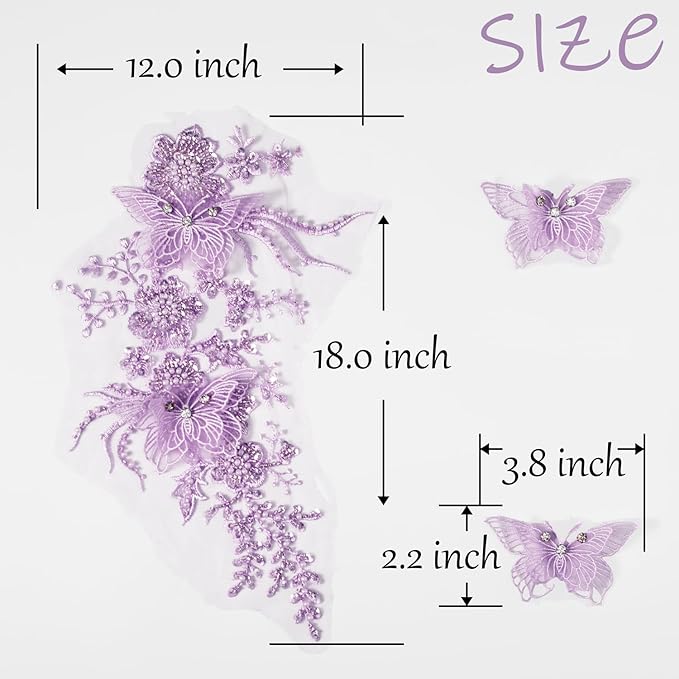 Flower Pearl Fabric Rhinestones Beaded Lace Applique,3D Butterfly Embroidered Lace Patch for Clothes,Dress (Purple)