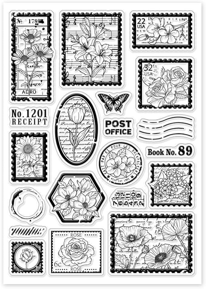 GLOBLELAND Vintage Flower Stamp Clear Stamps for DIY Scrapbooking Butterfly Postmark Silicone Stamp Seals Transparent Stamps for Cards Making Photo Album Journal Home Decoration 8.27×5.83inch