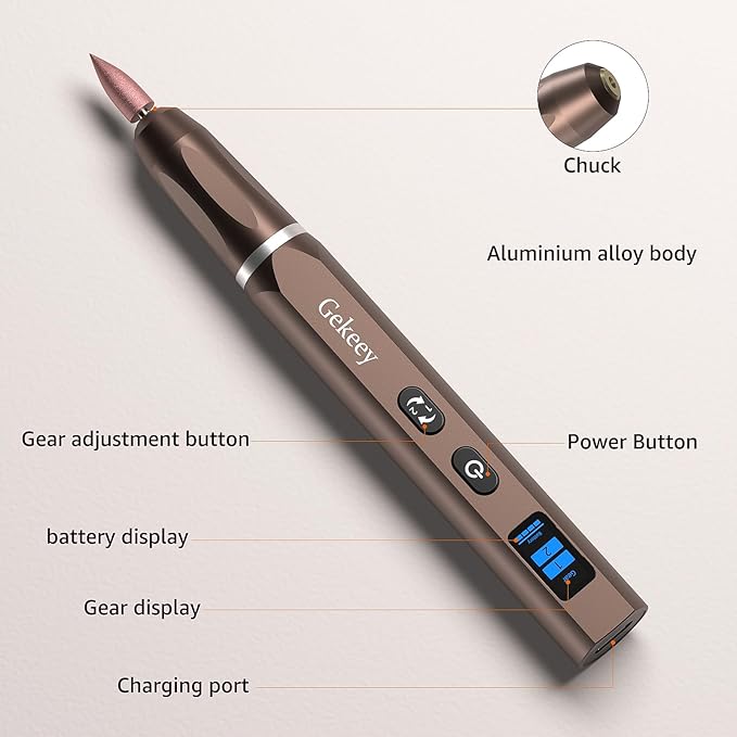 Gekeey Electric Engraving Pen, Cordless Rechargeable Mini Rotary Tool with 42 Bits, Aluminum Body, Variable Speed, Portable Engraver Pen for Metal Wood Glass and Plastic, Brown