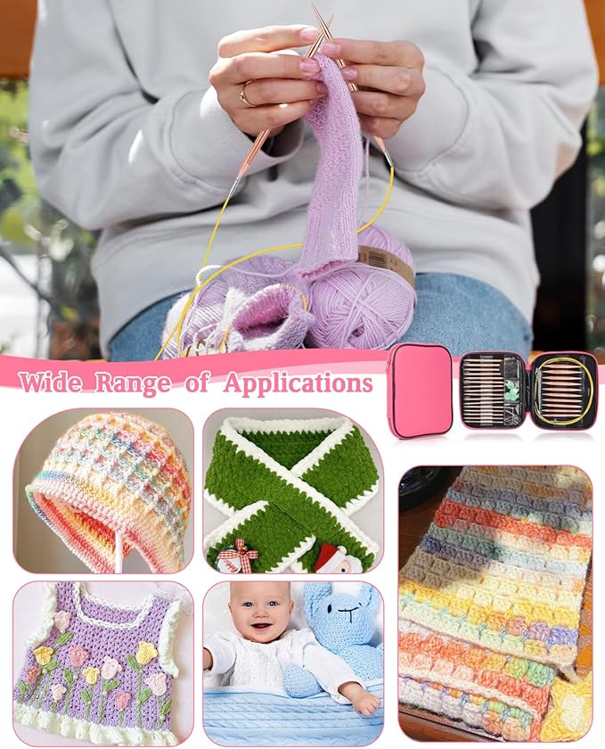 Coopay Interchangeable Aluminum Circular Knitting Needles, 13 Sizes (3mm-10mm), Rose-Gold, Complete Set with Case, Ideal for Beginners & Professionals