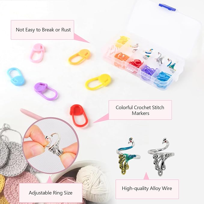 LBU 4Pcs Crochet Ring + 60Pcs Stitch Markers Adjustable Crochet Tension Rings for Finger Yarn Tension Guide Rings Crocheting Knitting Accessories with Box Gifts for Crocheters Knitters(Peacock)