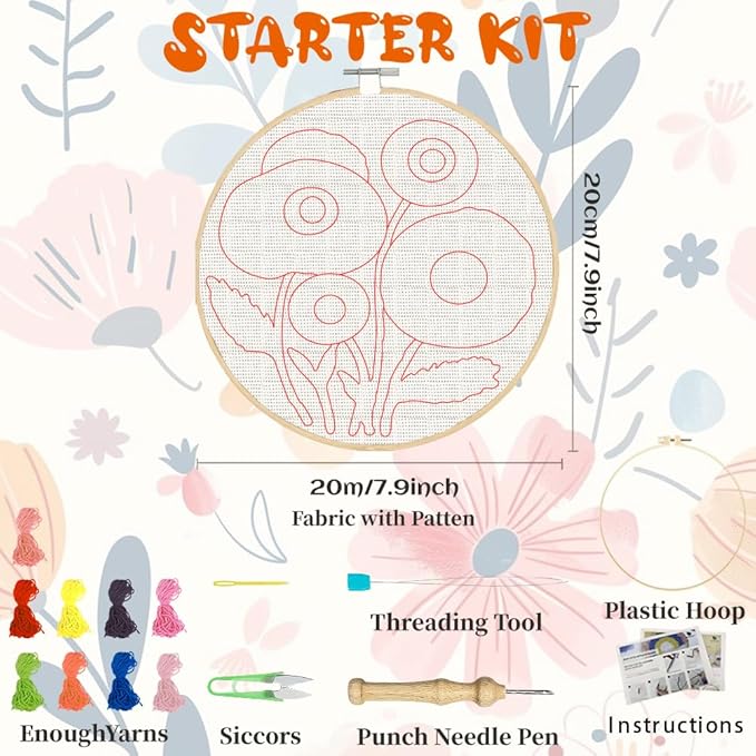 BEUNITONE 2PCS Bohemian Flower Punch Needle Kit for Adults Beginners, Complete Craft Kit Needlepoint Kits for Adults with Hoop, Punch Needle Starter Craft Set for Cloth Festival Gift and Home Decor