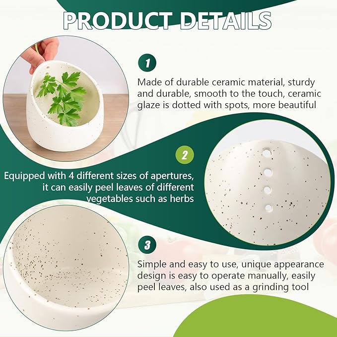 Pottery Herb Stripper Bowl,Handmade Ceramic Herb Stripper, Dishwasher-Safe, different sizes of round holes,kitchenware for root removal(white)