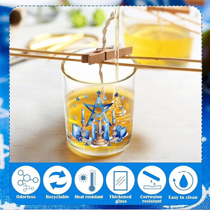 10 Pcs Hanukkah Glass Candle Jars Empty Containers Bulk 7 oz Chanukah Menorah Star David Dreidel Glass Jars with Cork Lids Tins for Candle Making Storing Biscuits Party Favors