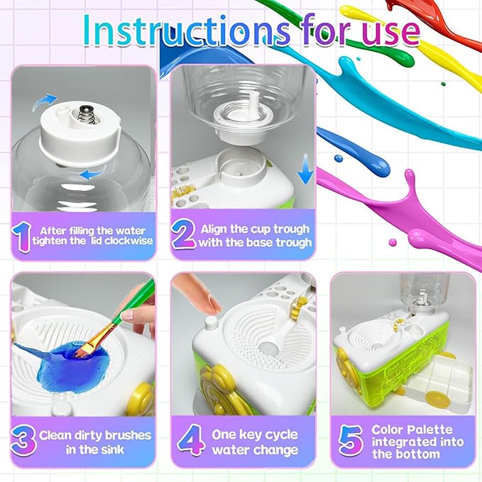 Paint Brush Cleaner with Paint Tray, Water Circulation Brush Rinser with Brush Holder, Watercolor/Oil and Water-Based Paint Brush Cleaner Tool, 400ml Capacity, Train Design, Gift for Artist Beginners