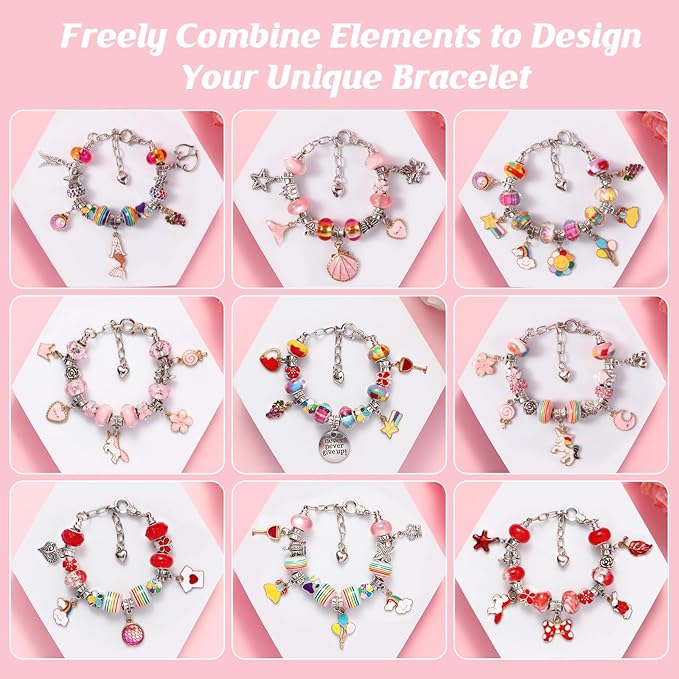 YJK Charm Bracelet Making Kit, 5-12 Year Old Girl Birthday Gifts, 133 Pcs DIY Beaded Jewelry Making Kit with Jewelry Box, Creative Crafts for Girls, Charm Necklace Making kit for Girls (Red & Pink)