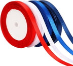 DECYOOL Patriotic Ribbons, 4 Rolls 100 Yards 4th of July Satin Ribbons 10mm Wide Red White Blue Independence Day Craft Ribbon for Gift Wrapping Patriotic Party Decorations