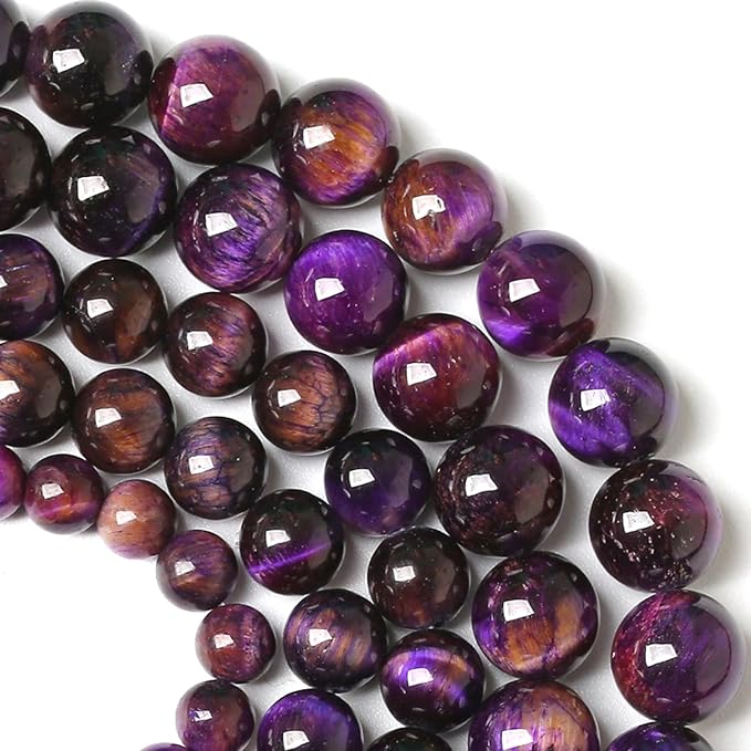 10MM Purple Tiger Eye Stone Beads Natural Gemstone Round Loose Beads for Jewelry and Bracelets Making 72pcs 2 Strands 32"