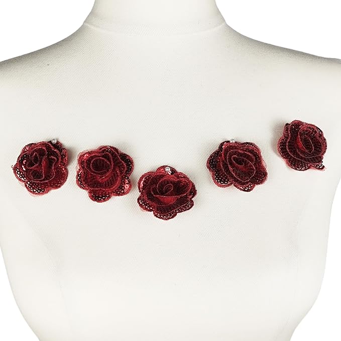 5 PC Rose Flower Sequins Lace Embroidery Patch Applique Trim Wedding Dress DIY Sewing Craft Clothes Applique, 1.6 Inch, Red