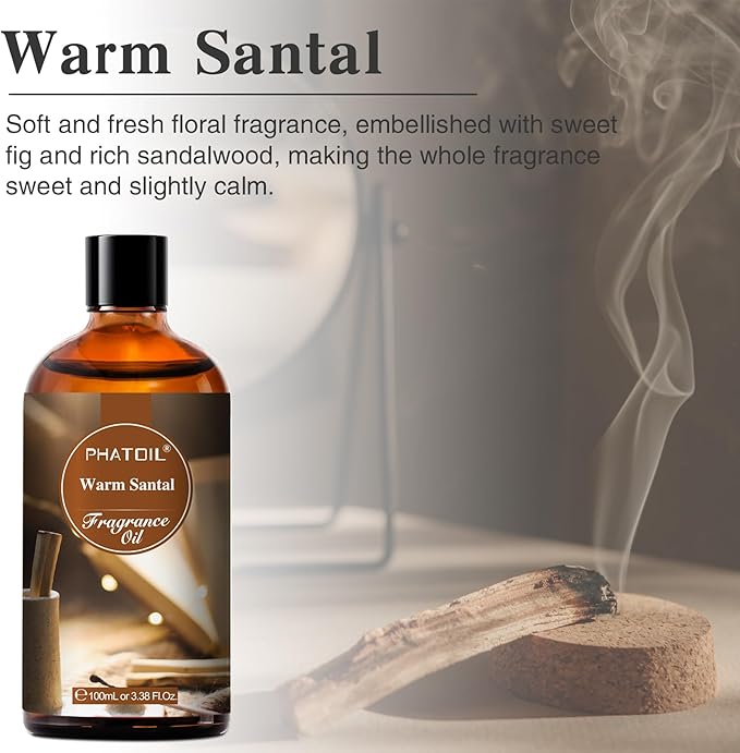 PHATOIL Warm Santal Fragrance Oils for Aromatherapy, 3.38FL.OZ Diffuser Oils for Home, Perfect for Aromatherapy, Humidifiers, Yoga, DIY Candle and Soap Making - 100ml