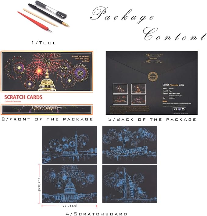 Scratch Painting Rainbow Paper by BOTEEN, Sketch DIY Art Craft City Series Night View Creative Gift, Scratchboard for Adults and Kids ,Craft Kits with 4 Tools (A4- 4pack）