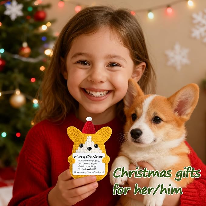 Funny Positive Christmas Corgi Dog Gifts for Women Men Grandkids, Stocking Stuffers for Teen, Inspirational Mini Dog Cute Stuff Things, Handmade Emotional Positive Crochet Puppy Decorations