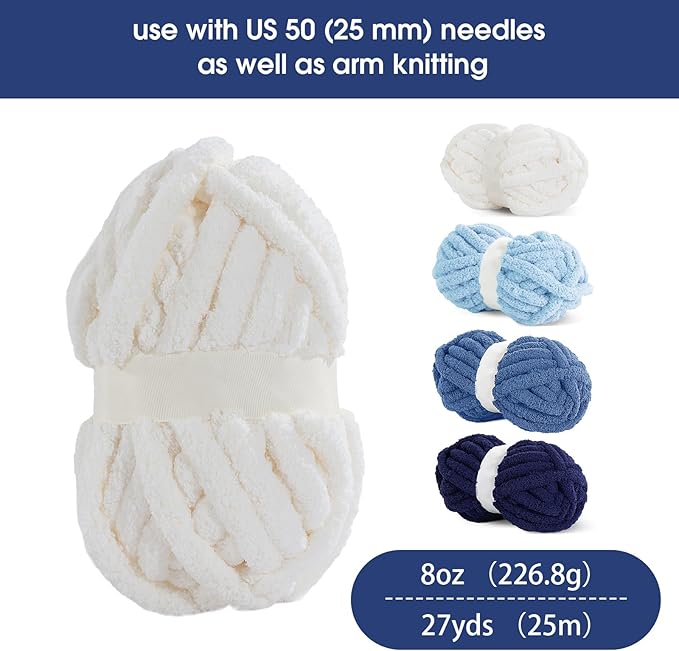 HOMBYS 8 Pack Assorted Chunky Yarn for Crocheting,Super Bulky Large Soft Fluffy Yarn,Plush Fuzzy Yarn,Thick Chenille Yarn for Hand Knitting/Arm Knitting,Cream&Blue (27yds,8 oz Each Skein)