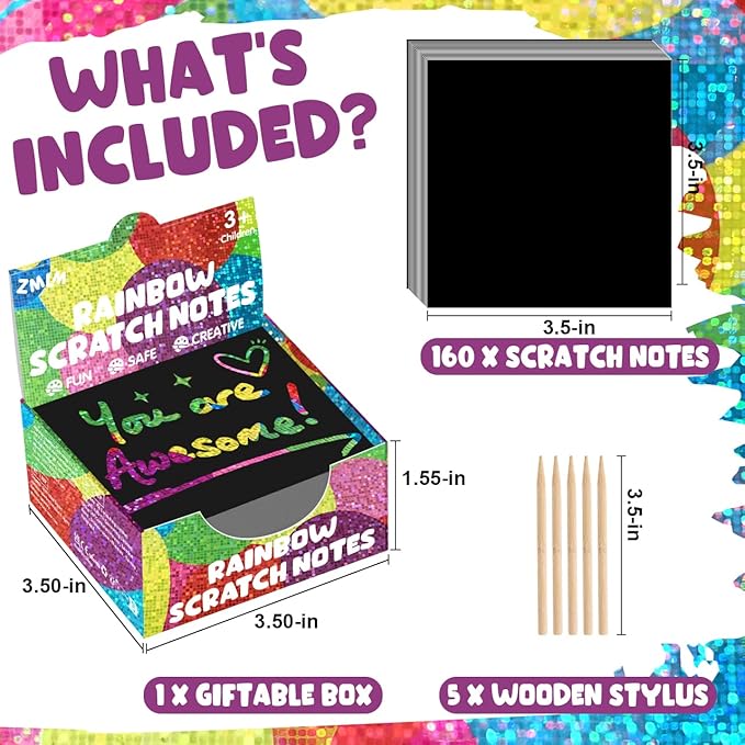 ZMLM 165 Rainbow Scratch Paper Art Crafts Mini Notes Kids Gifts 4 5 6 7 8 9 10 Years Old Girls Boys Students Teens Classroom Prizes School Supplies Birthday Party Travel Toy Gift(Holographic)