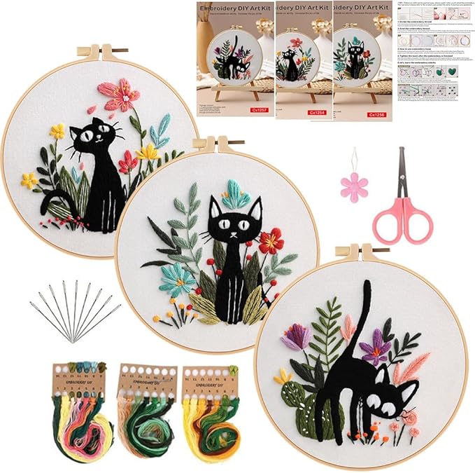 Konrisa 3pcs Embroidery Kits for Beginners Creative Black Cat and Flower Pattern Cross Stitch Practice Kit DIY Sewing Needlepoint, Include 1pcs Hoop