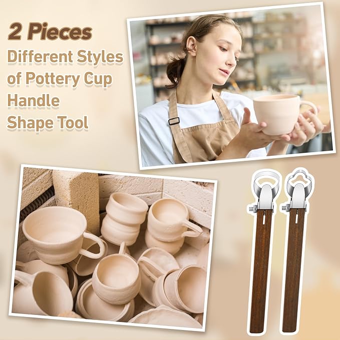 Therwen 2 Pcs Sculpture Scraper Pottery Carving Tool Pottery Cup Handle Shape Clay Extruder Tool Teacup Mug Handgrip Clay Cutters with Wooden Handle for Ceramic Sculpture Craft(Novelty Style)