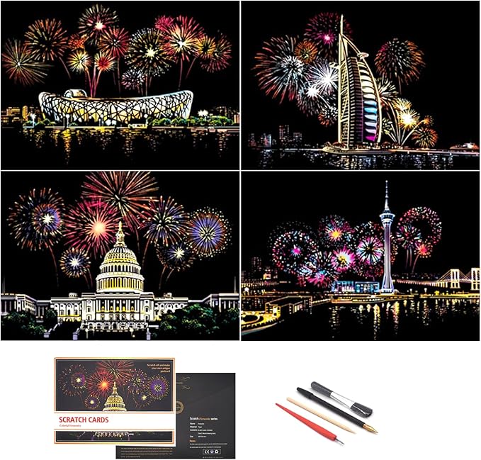 Scratch Painting Rainbow Paper by BOTEEN, Sketch DIY Art Craft City Series Night View Creative Gift, Scratchboard for Adults and Kids ,Craft Kits with 4 Tools (A4- 4pack）