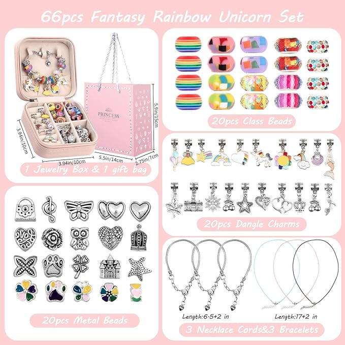UFU Charm Bracelet Making Kit Girls Beads for Jewelry Making Kit, Unicorns Arts Crafts Gifts Set for Teen Girls Age 5 6 7 8-12, with a Portable Bracelet Organizer Box