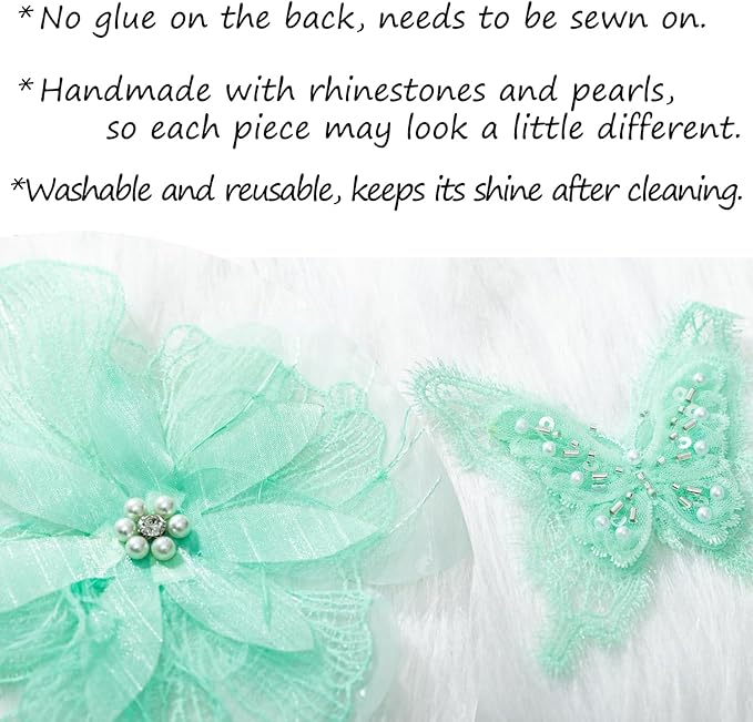 6 Pieces 3D Flower Lace Embroidery Butterflies Appliques Pearl Patches for Repairing and Decorating, Sewing Craft Clothing Jeans Jackets Bags (Green)